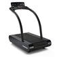 Woodway Vive black treadmill with curved handles, digital console display, and textured running belt on white background