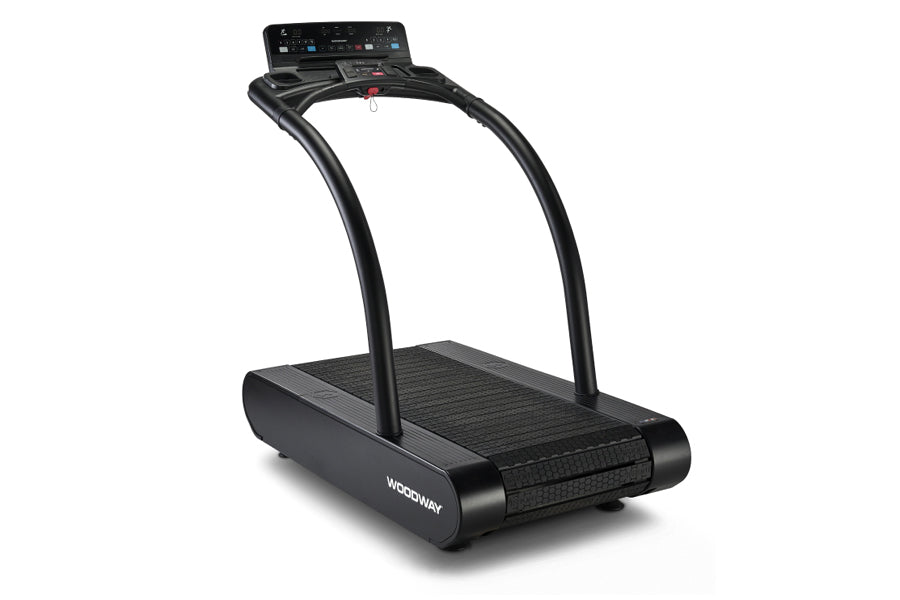 Woodway Vive black treadmill with curved handles, digital console display, and textured running belt on white background