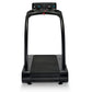 Black motorized treadmill with digital console, textured running belt, and curved handrails on white background